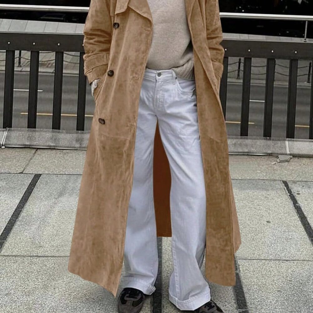 Khaki Elegant Women's Long Faux Suede Double Breasted Trench Coat with Belt - Picture 5 of 6